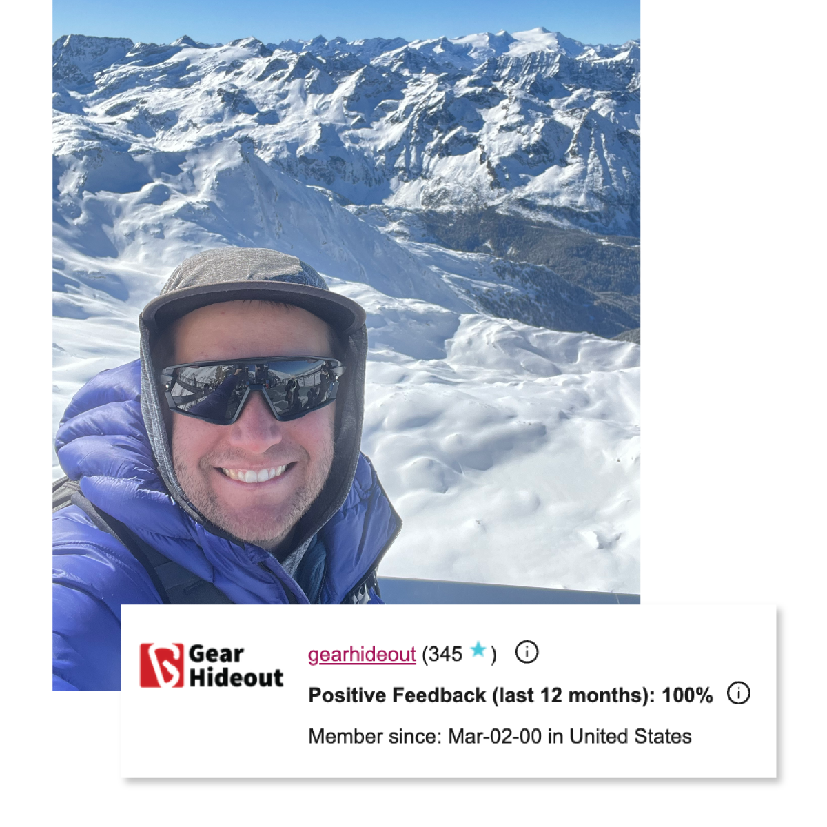 A person wearing sunglasses and winter gear takes a selfie on a snowy mountain with a view of snow-covered peaks; an online profile displays 100% positive feedback.